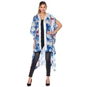 The Wendy Williams Collection Blue/White/Red Tropical Hi-Lo Kimono Duster XS/S